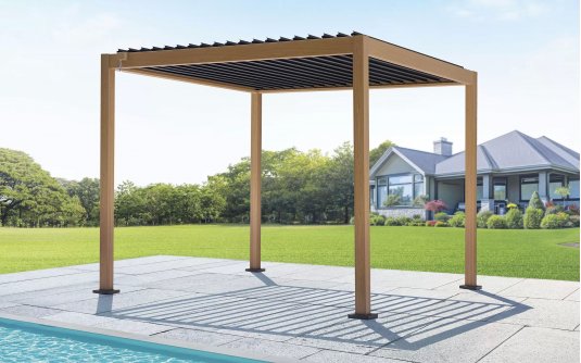 Pergola lamelowa aluminiowa 3×4 m TEXAS z regulacją i odpływem – efekt drewna Pergola lamelowa aluminiowa 3×4 m TEXAS z regulacją i odpływem – efekt drewna