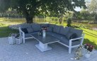 Aluminowy narożnik ogrodowy ze stolikiem z podnoszonym blatem TIMBER biały / poduszki Soltex mist Grey