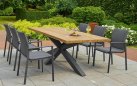Elegancki stół ogrodowy z krzyżową podstawą ciemnoszarą aluminiową i z blatem grubych desek z drewna tek