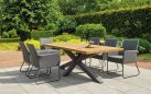 Elegancki stół ogrodowy z krzyżową podstawą ciemnoszarą aluminiową i z blatem grubych desek z drewna tek