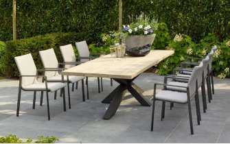 Meble ogrodowe aluminiowo-teakowe ciemnoszare TIMOR - zestaw stołowy 280 cm z krzesłami sense
