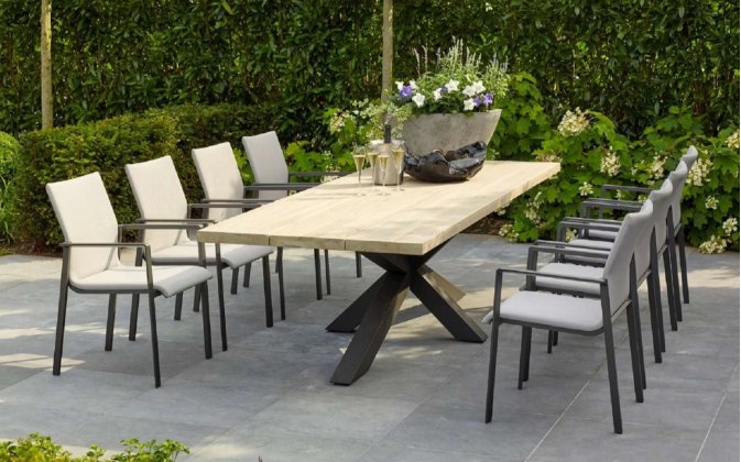 Meble ogrodowe aluminiowo-teakowe ciemnoszare TIMOR - zestaw stołowy 280 cm z krzesłami sense