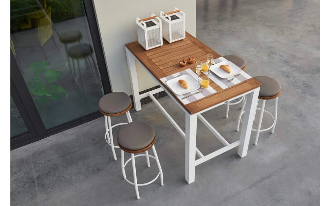 Nowoczesny stół batowy aluminiowy biały CONCEPT 150x90 z blatem robust teak 
