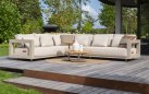 Ekskluzywny narożnik ogrodowy aluminiowy modułowy beżowy METROPOLITAN stolik teak