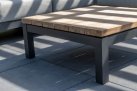 Modułowy narożnik aluminiowy ogrodowy METEORO ciemnoszary z jasnymi poduszkami i stolikiem kwadratowym 90x90 cm