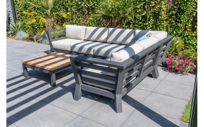 Modułowy narożnik aluminiowy ogrodowy METEORO ciemnoszary z jasnymi poduszkami i stolikiem kwadratowym 90x90 cm