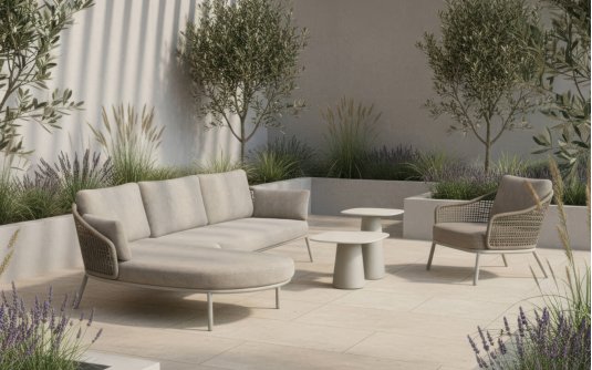 Szeroka sofa ogrodowa beżowa aluminiowa z oplotem z liny rope Barcelona Szeroka sofa ogrodowa beżowa aluminiowa z oplotem z liny rope Barcelona
