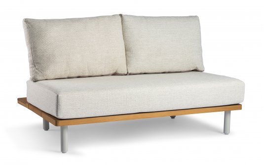 Sofa dwuosobowa aluminiowa ogrodowa z platformą teak KYTSU oparcia jasnoszare poduszki szarobeżowe