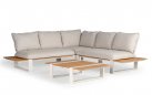 <udułowy narożnik ogrodowy aluminiowy SEO jasnokremowe / poduszki szarobeżowe / platforma teak