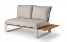 <udułowy narożnik ogrodowy aluminiowy SEO jasnokremowe / poduszki szarobeżowe / platforma teak