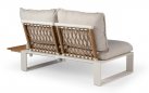 <udułowy narożnik ogrodowy aluminiowy SEO jasnokremowe / poduszki szarobeżowe / platforma teak