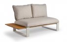 <udułowy narożnik ogrodowy aluminiowy SEO jasnokremowe / poduszki szarobeżowe / platforma teak