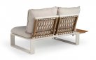 <udułowy narożnik ogrodowy aluminiowy SEO jasnokremowe / poduszki szarobeżowe / platforma teak