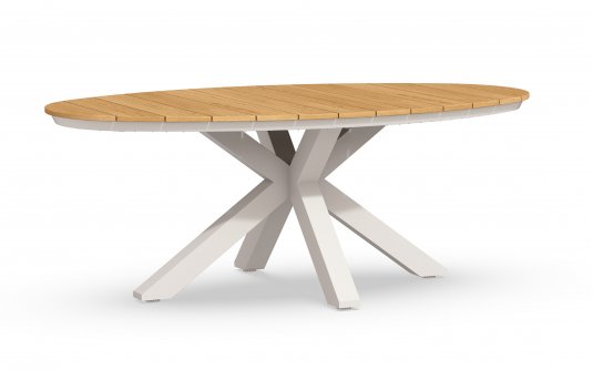 Owalny stół ogrodowy aluminiowo-teakowy OBLONG 200x110 cm podstawa białokermowa / blat teak Owalny stół ogrodowy aluminiowo-teakowy OBLONG 200x110 cm podstawa białokermowa / blat teak