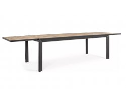 Ciemnoszary stół aluminiowy z blatem imitacja drewna rozkładany 220-340 ogrodowy BELMAR bizzotto
