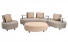 Ekskluzywny zestaw ogrodowy CALIDAD elegancka sofa, fotel i hocker z poduszkami Sunbrella