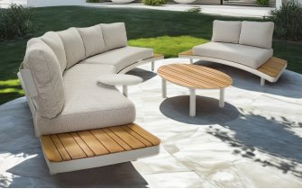 LOUNZA Zestaw wypoczynkowy ogrodowy półokragły z sofami i stolikami, teak i aluminium – LesliLiving