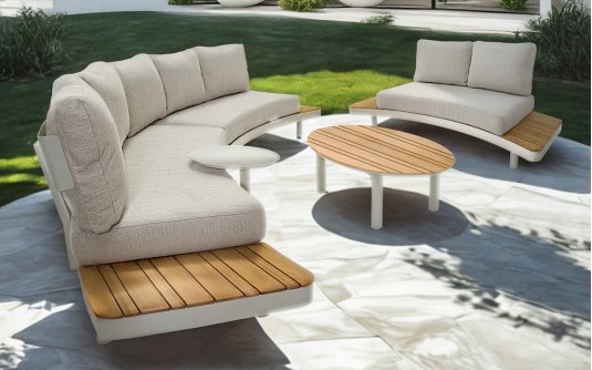 LOUNZA Zestaw wypoczynkowy ogrodowy półokragły z sofami i stolikami, teak i aluminium – LesliLiving LOUNZA Zestaw wypoczynkowy ogrodowy półokragły z sofami i stolikami, teak i aluminium – LesliLiving