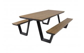 Stól ogrodowy aluminiowy z ławkami grafitowy blat teak AREZZO