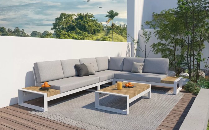Modułowy narożnik ogrodowy aluminiowy biały teak MATISSE 4SO