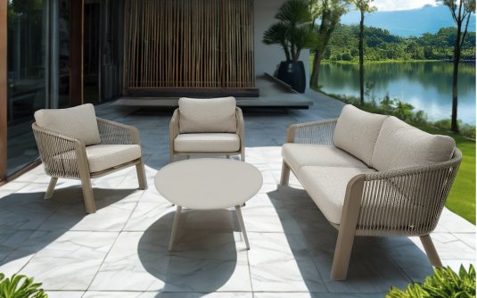 Zestaw ogrodowy TANOA Lesli Living — sofa 3‑osobowa, fotele i stolik, aluminium taupe z liną