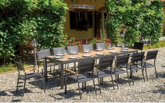 Antracytowy komplet stołowy z blatem teak dla 8 osób ANELLE 200-300