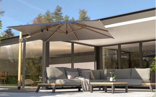 Parasol ogrodowy 300x300 cm ekskluzywny SIESTA PREMIUM noga DREWNO / poszycie ANTRACYT