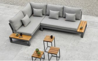Narożnik aluminiowy grafitowy z bocznymi stolikami teak SOHO Life poduszki szare