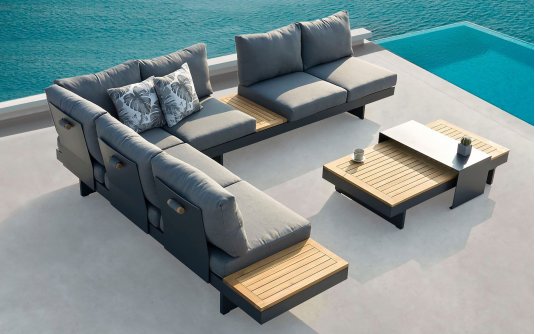 Duży nrożnik ogrodowy modułowy BARBADOS aluminiowy grafitowy / elementy teak / poduszki szare Olefin