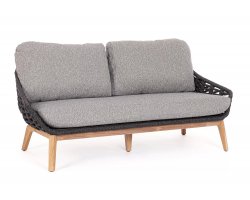 Sofa ogrodowa TAMIRES podstawa teak / siedzenie lina polipropylenowa grafitowa / poduszki szare Olefin