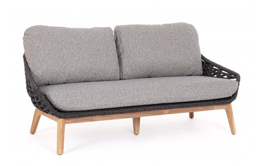 Sofa ogrodowa TAMIRES podstawa teak / siedzenie lina polipropylenowa grafitowa / poduszki szare Olefin