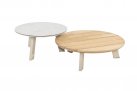 Komplet 2 stolików okrągłych EMMA nogi aluminiowe beżowe blaty d80 teak i d65 ceramiczny