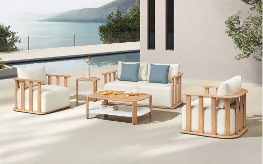 Teakowy zestaw wypoczynkowy do patio PALLISAD Lounge beżowe poduszki grube Higold Teakowy zestaw wypoczynkowy do patio PALLISAD Lounge beżowe poduszki grube Higold