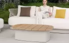 Beżowy ekskluzywny narożnik na taras aluminiowy AIO Higold lina polipropylenowa / białokremowe poduszki Boucle