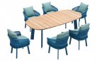 Niebieski komplet stołowy aluminiowy AIO blat teak plecionka lina polipropylenowa