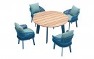 Niebieski komplet stołowy aluminiowy okrały stół d135 AIO blat teak plecionka lina polipropylenowa