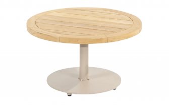 Okragły stolik kawowy na taras z blatem teak śr. 60 cm VOLTA 4SO noga beżowa