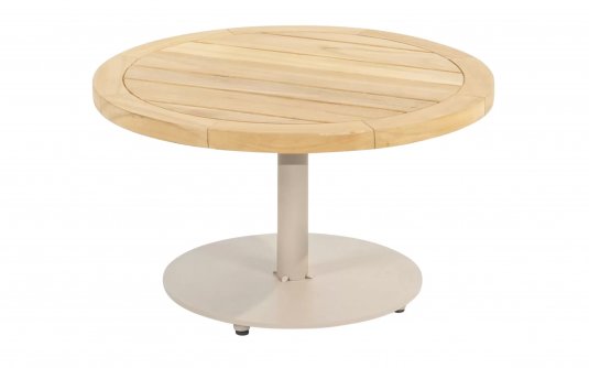 Okragły stolik kawowy na taras z blatem teak śr. 60 cm VOLTA 4SO noga beżowa