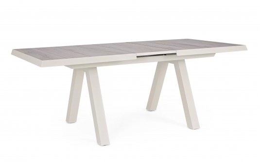 Aluminiowy jasnobeżowy stół na taras z blatem ceramicznym beżowym KRION 163-203 cm Aluminiowy jasnobeżowy stół na taras z blatem ceramicznym beżowym KRION 163-203 cm