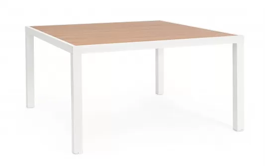 Biały ogrodowy stół aluminiowy kwadratowy z blatem imitacja drewna 136x136 HILIJA bizzotto