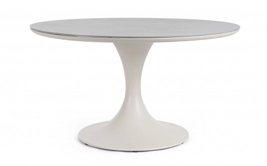 Beżowy okrągły stół na taras aluminiowy ARNOLD śr. 120 cm blat kamienny
