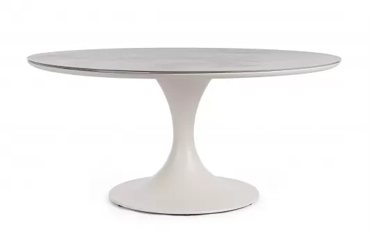 Beżowy okrągły stół na taras aluminiowy ARNOLD śr. 158 cm blat kamienny Beżowy okrągły stół na taras aluminiowy ARNOLD śr. 158 cm blat kamienny