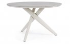 Beżowy okrągły stół na taras aluminiowy JULIAN śr. 120 cm blat kamienny spiekany