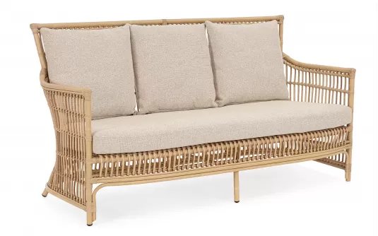 Klasyczna wysoka sofa ogrodowa ADELMA aluminiumi powłoka drewnopodobna i technorattan beżowe poduszki Klasyczna wysoka sofa ogrodowa ADELMA aluminiumi powłoka drewnopodobna i technorattan beżowe poduszki