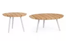 Zestaw 2 stolików na taras TALAIA Ø50 i Ø70 cm nogi malowane / blaty teak / nogi białe