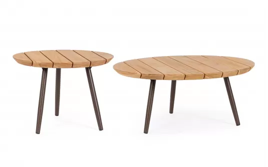 Zestaw 2 stolików na taras TALAIA Ø50 i Ø70 cm nogi malowane / blaty teak / nogi brązowe