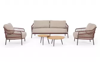 Brązowy zestaw sofa i fotele ze stolikami na taras TALAIA stal nierdzewna lina polipropylenowa teak