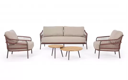 Brązowy zestaw sofa i fotele ze stolikami na taras TALAIA stal nierdzewna lina polipropylenowa teak