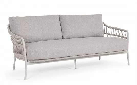 Jasnoszarobeżowa sofa ogrodowa TALAIA z oplotem z liny poliprop w kolorze beżowym / beżowe poduszki bizzotto