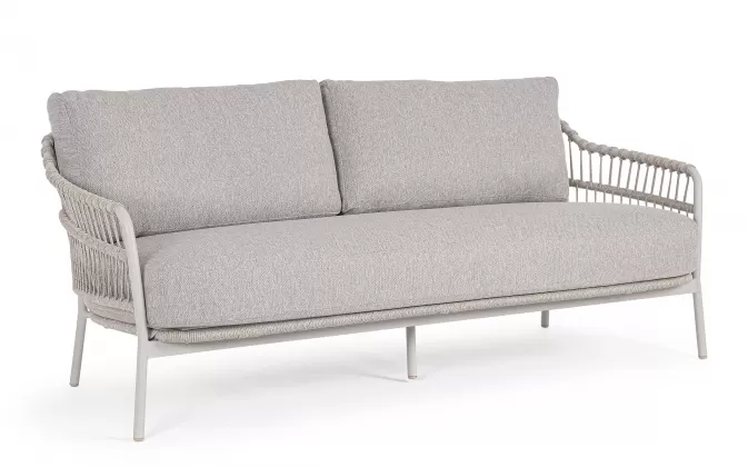Jasnoszarobeżowa sofa ogrodowa TALAIA z oplotem z liny poliprop w kolorze beżowym / beżowe poduszki bizzotto